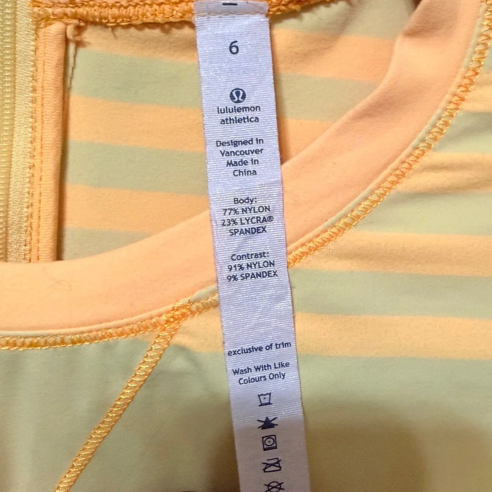 Lululemon Yellow Orange Striped Long Sleeve Back Zip Active Top Size 6